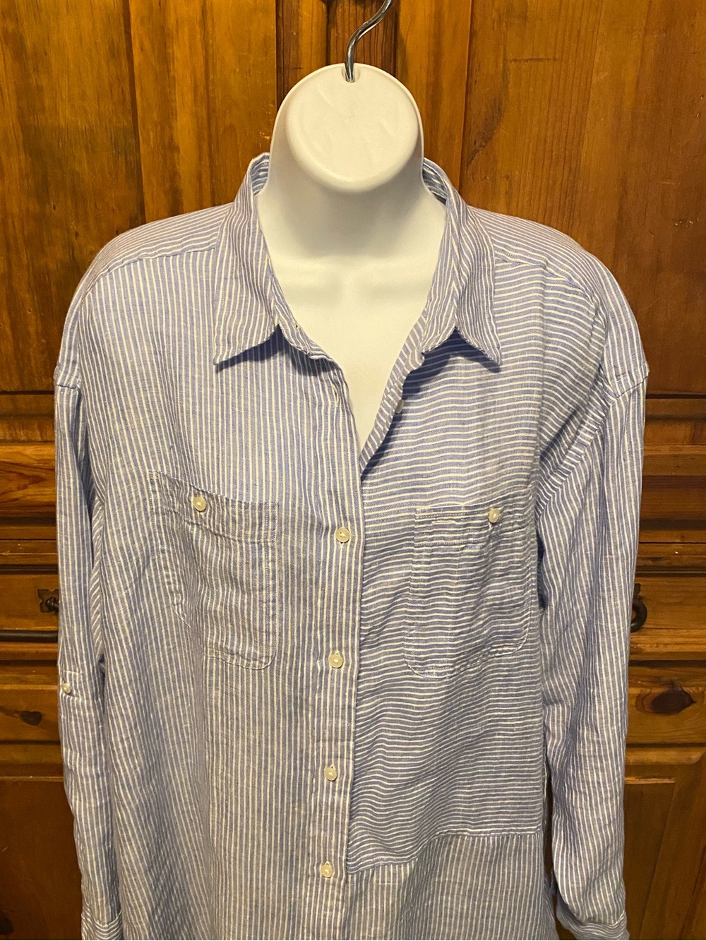 Lauren Ralph Lauren Linen  Blue Stripe Embroidered Hem Shirt Dress Cottagecore - Picture 2 of 14